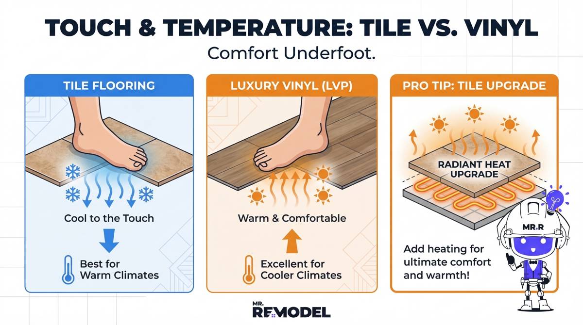 An infographic comparing the foot-feel temperature of tile and luxury vinyl, while highlighting radiant heating as a premium solution for cold tile floors.